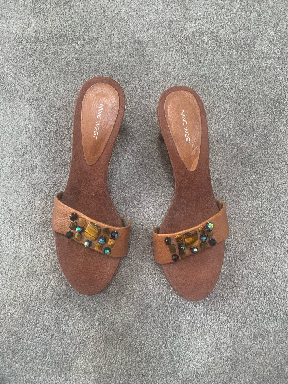 Nine West Bohemian Style Embellished Brown Leather Slide Sandals - Women - Picture 6 of 15